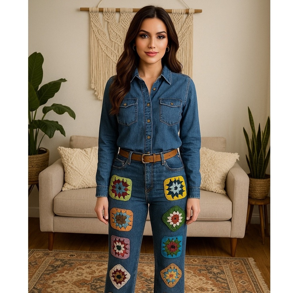 Levi's 550 Women's 12M Bootcut Jeans Blue Boho Crochet Patchwork